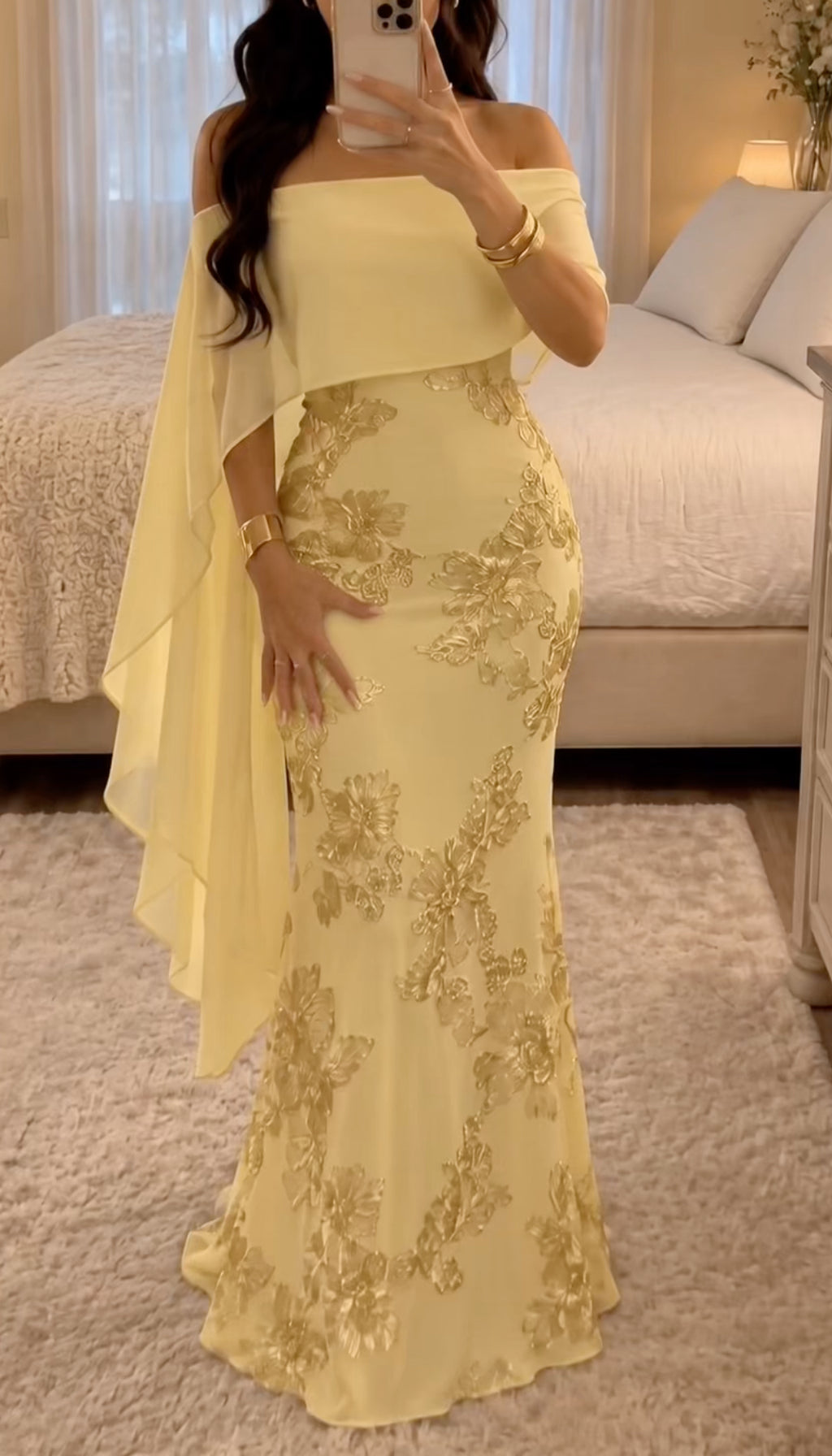 Floral Embroidered Cape Maxi Dress