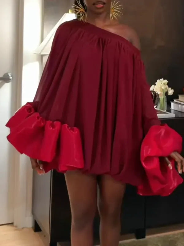 Burgundy One Shoulder Giant Ruffle Sleeve Mini Dress