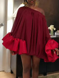 Burgundy One Shoulder Giant Ruffle Sleeve Mini Dress