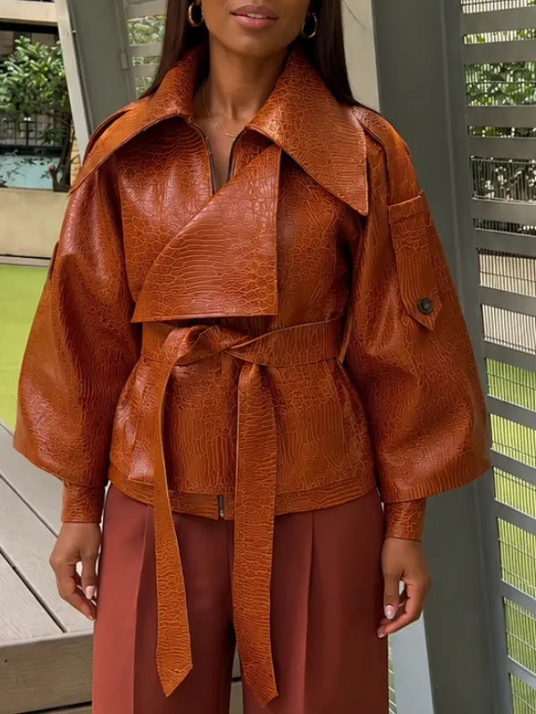 Croc‑Embossed Faux Leather Belted Wrap Jacket