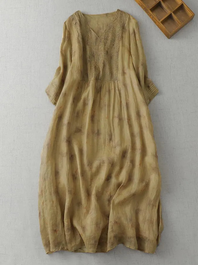 Printed V-Neck Minimalist Thin Linen A-Line Dress