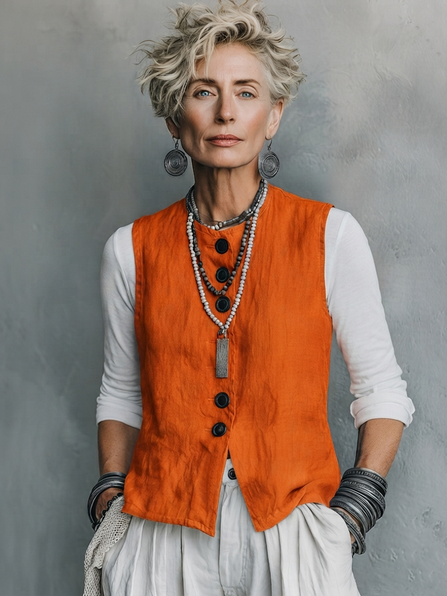 Women's Casual Vintage Cotton-Linen Single-Breasted Vest ZMZ1658F0ZYY