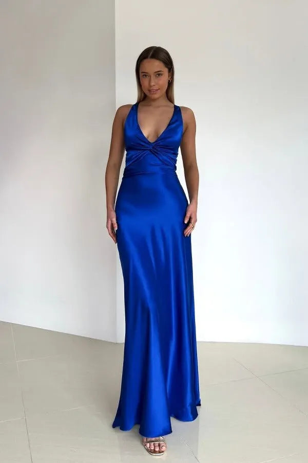 Cocoslly Halter V-Neck Sleeveless High Waist Long Prom Dress | Royal Blue Satin ZT0693