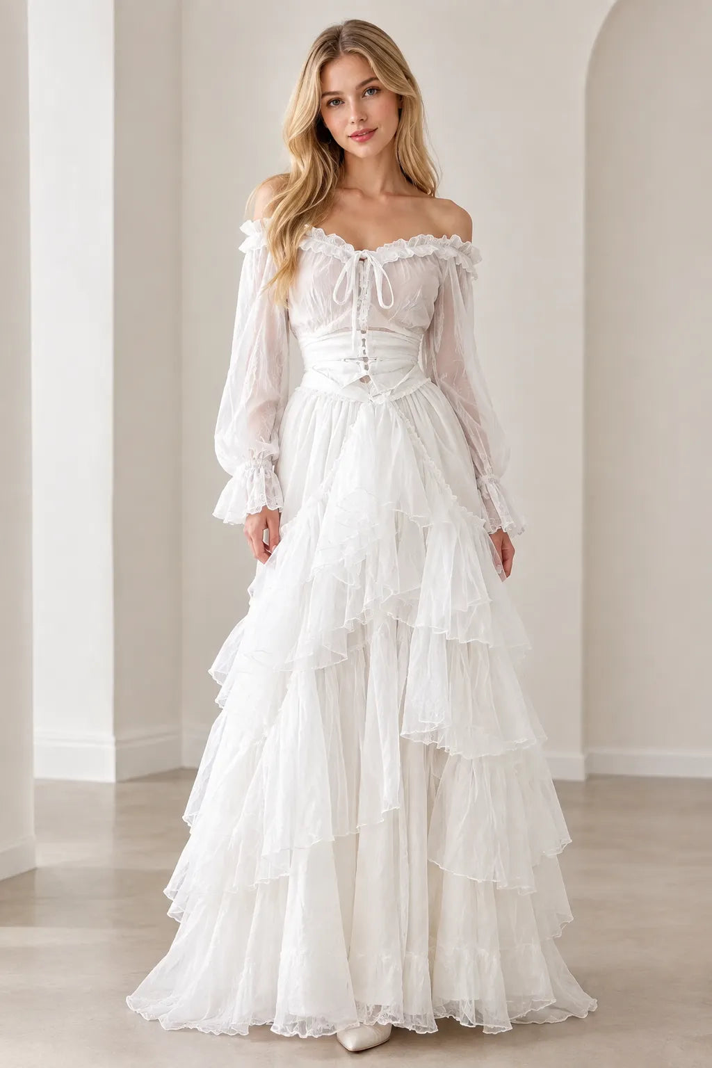 Off-Shoulder Corset Tiered Ruffle Maxi Dress with Sheer Long Sleeves