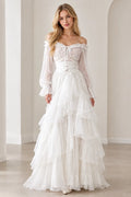 Off-Shoulder Corset Tiered Ruffle Maxi Dress with Sheer Long Sleeves
