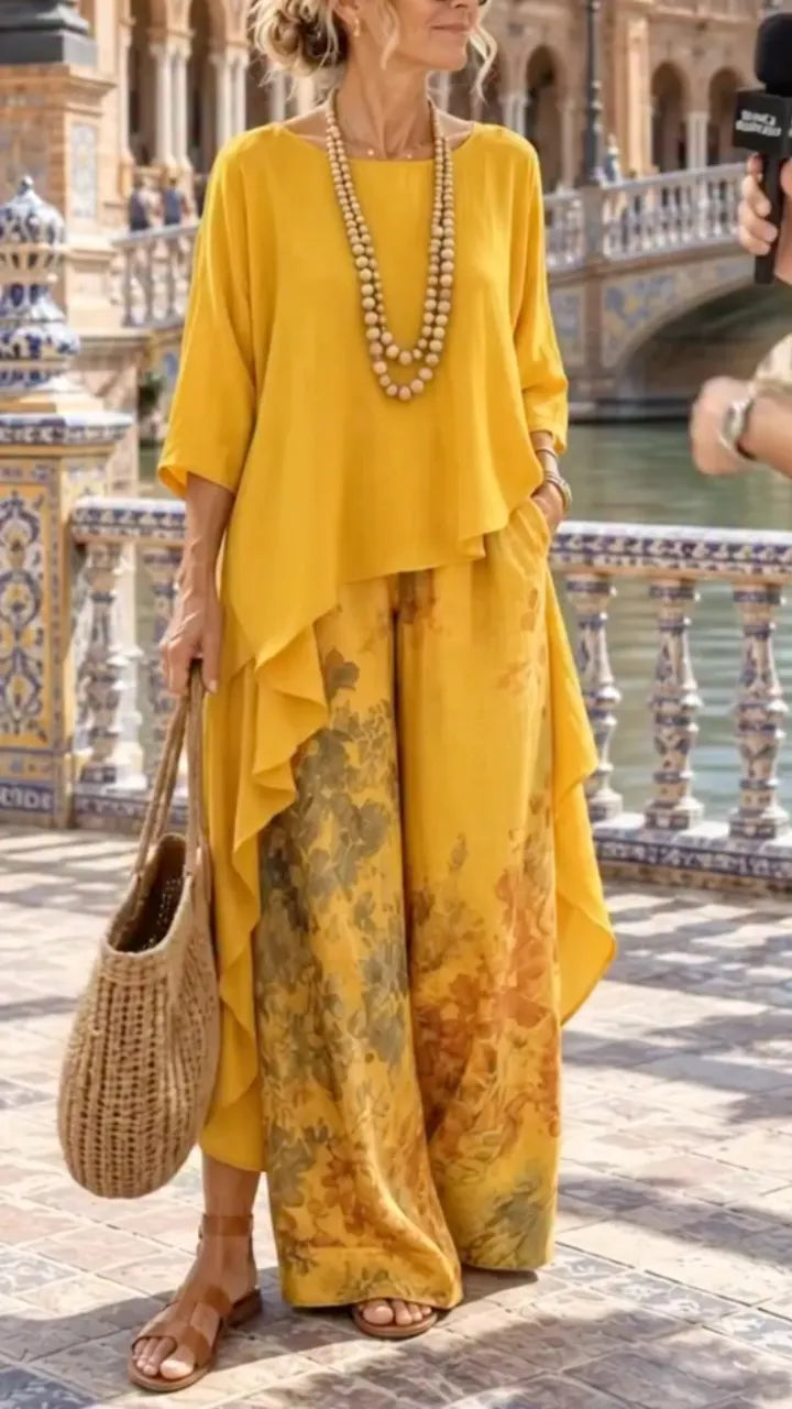 Ruffle Top And Floral Wide Leg Pants Linen Two Piece Set