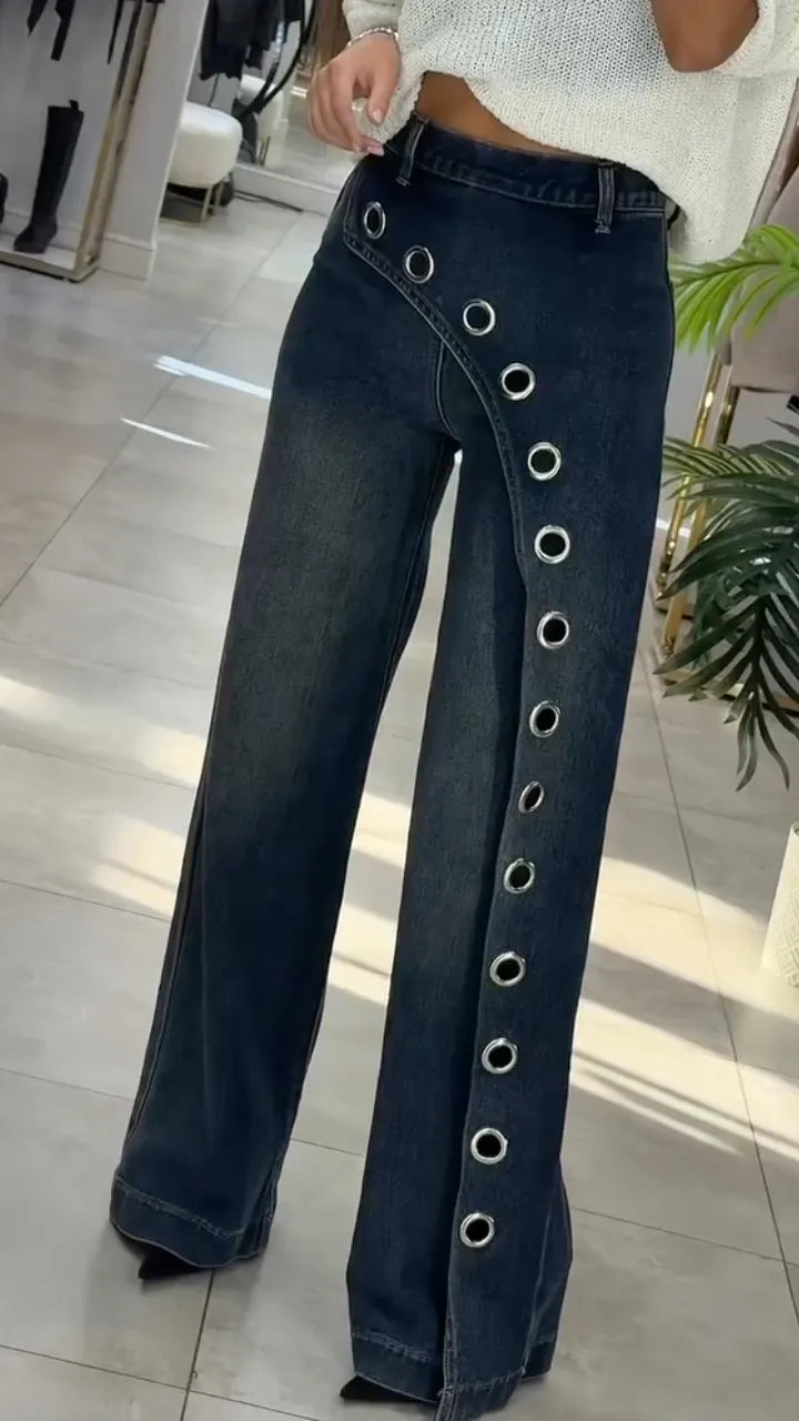 Dark Denim Eyelet Detail Wide Leg Jeans