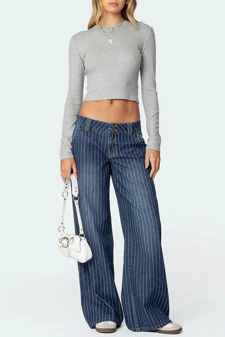 Women's Blue Washed Straight Jeans With Vertical Stripes