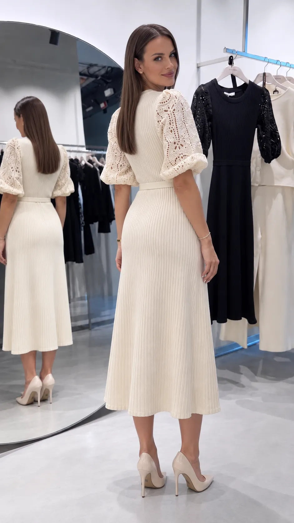Ribbed Knit Eyelet Puff Sleeve Midi Dress