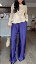 Metallic Knit Top & Satin Wide-Leg Pants Set