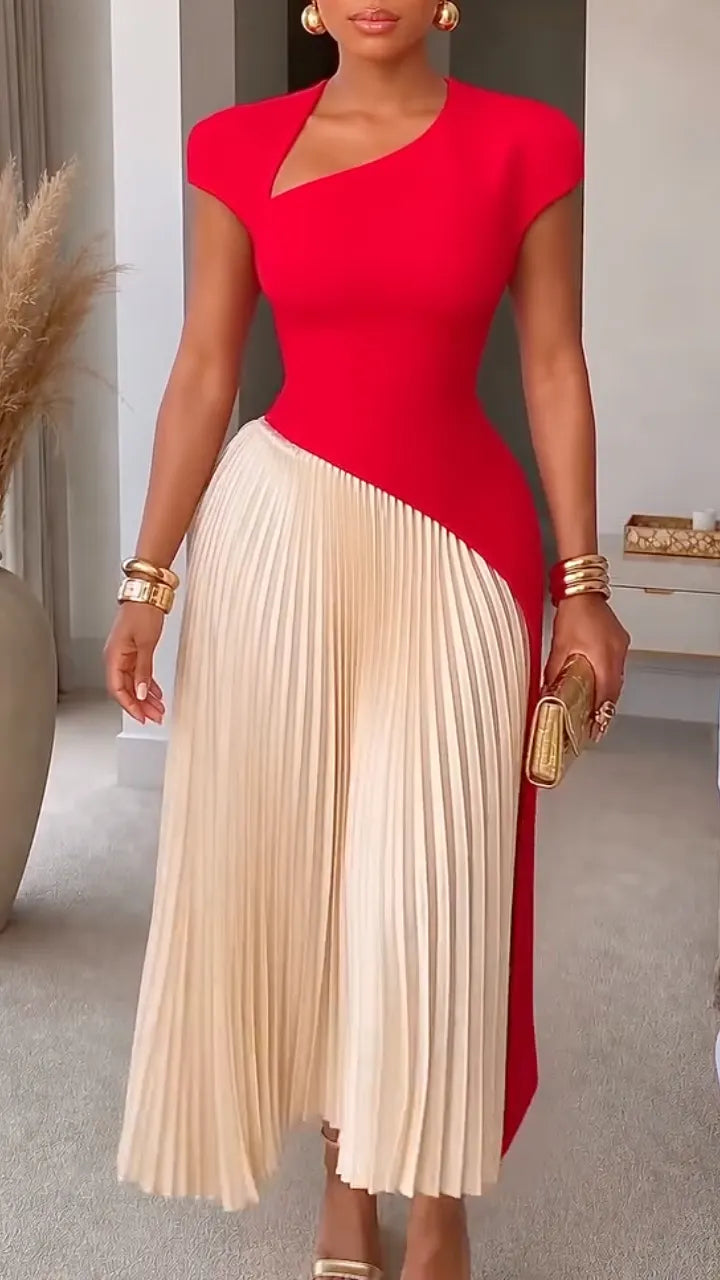 Red And Beige Color Block Pleated Two‑Piece Set
