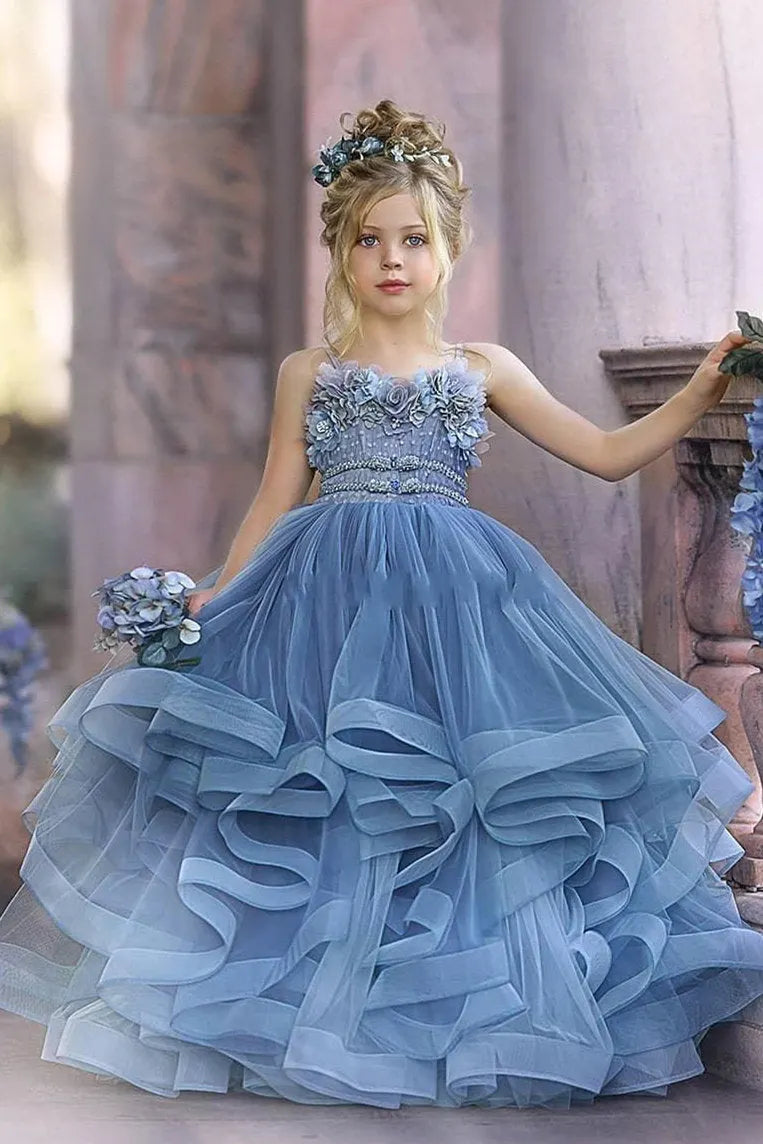 Cocoslly Spaghetti Straps  Sleeveless Flower Girl Dress With Appliques And Rhinstone | Dusty Blue Tulle FL0020