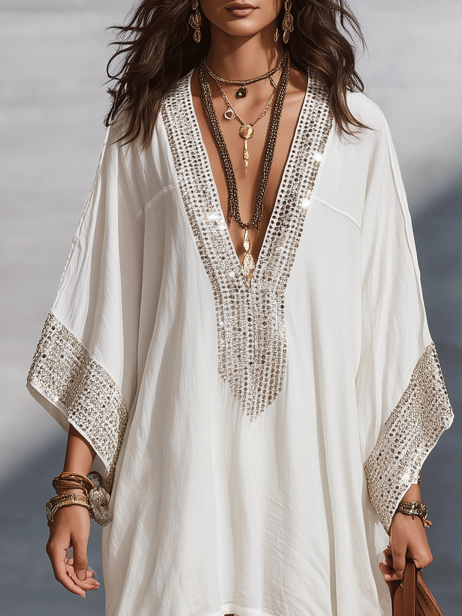 Effortless Boho V-Neck Ivory Kaftan Dress