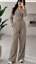Khaki Cropped Blazer & High Waist Wide Leg Pant 2 Piece Set