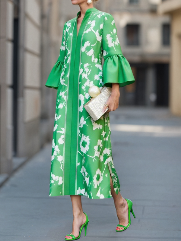 Flared Sleeves Loose Flower Print Pleated Pockets Split-Side V-Neck Maxi Dresses