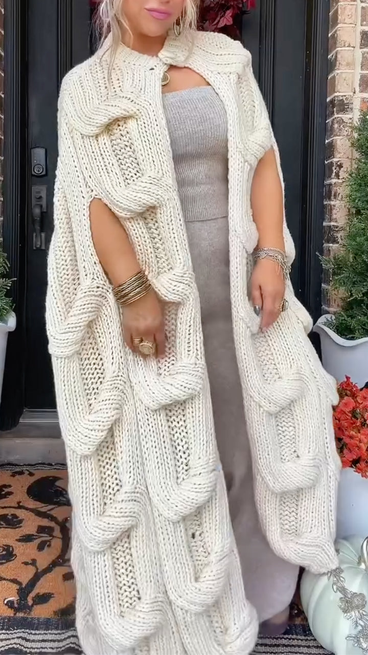 Ivory Sculptural-Texture Long Knit Cape Cardigan