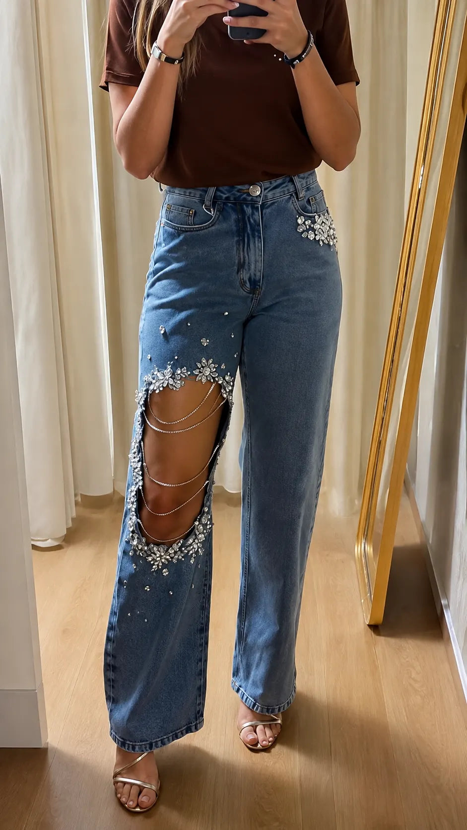 Rhinestone Floral Cut‑Out Chain Wide‑Leg Jeans