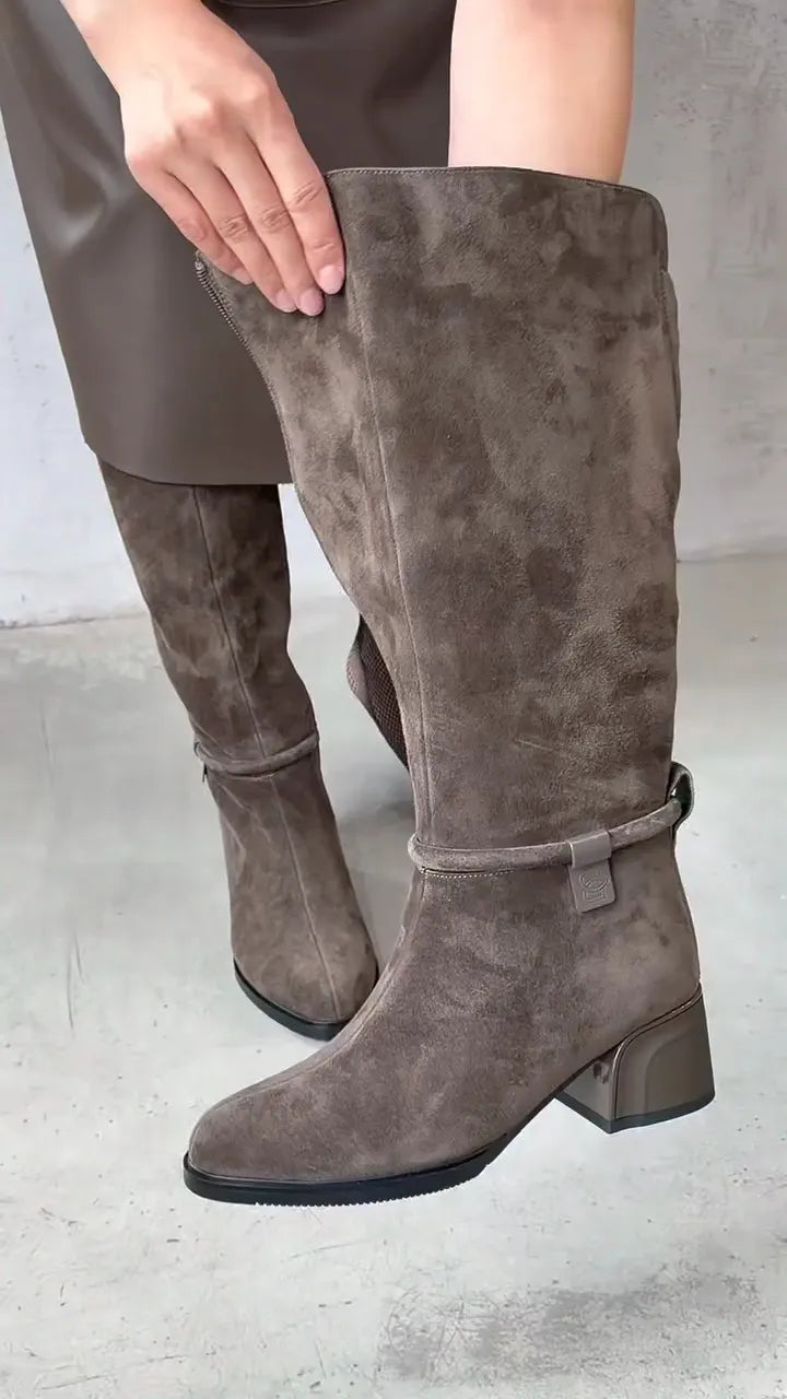 Suede Knee High Block Heel Boots