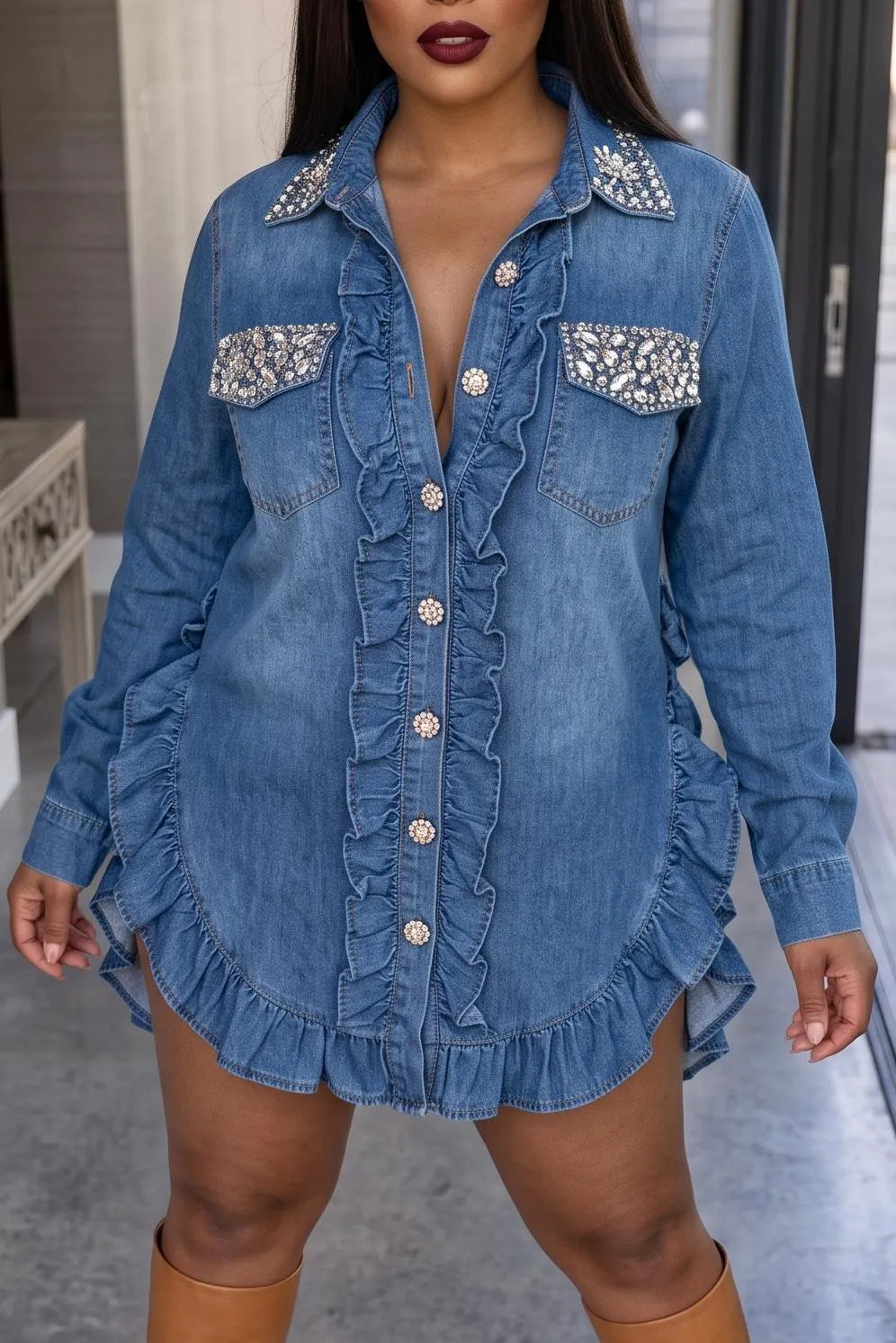 Women's Sparkly Rhinestone Denim Shirt Dress Long Sleeve Button Down Ruffle Hem Mini Jean Dresses for Fall