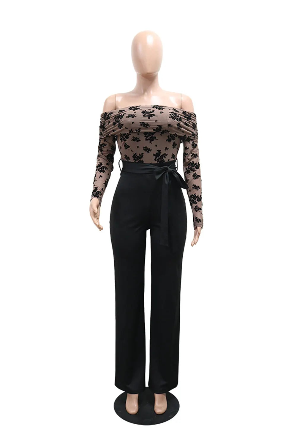 Off Shoulder Long Sleeve Ruffle Leaf Pattern Slim Fit Casual Jumpsuit-Black