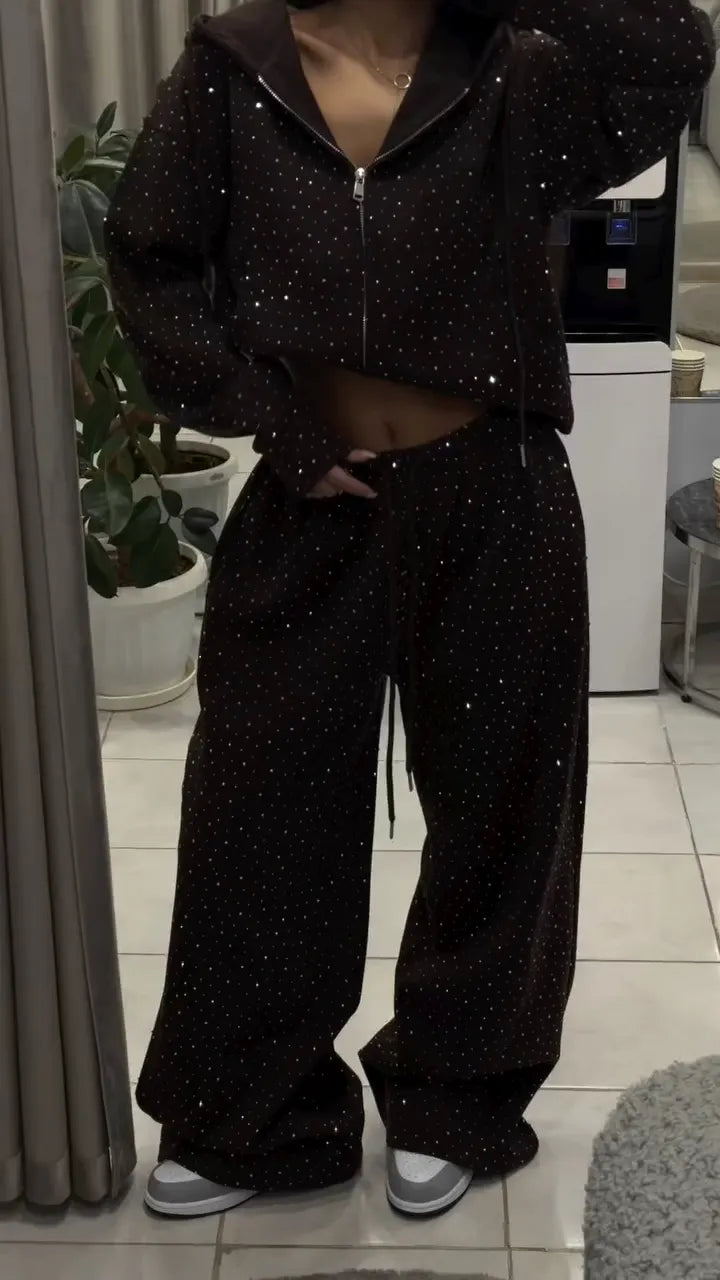 Rhinestone Hooded Zip Up Sweatshirt & Wide Leg Pants Set