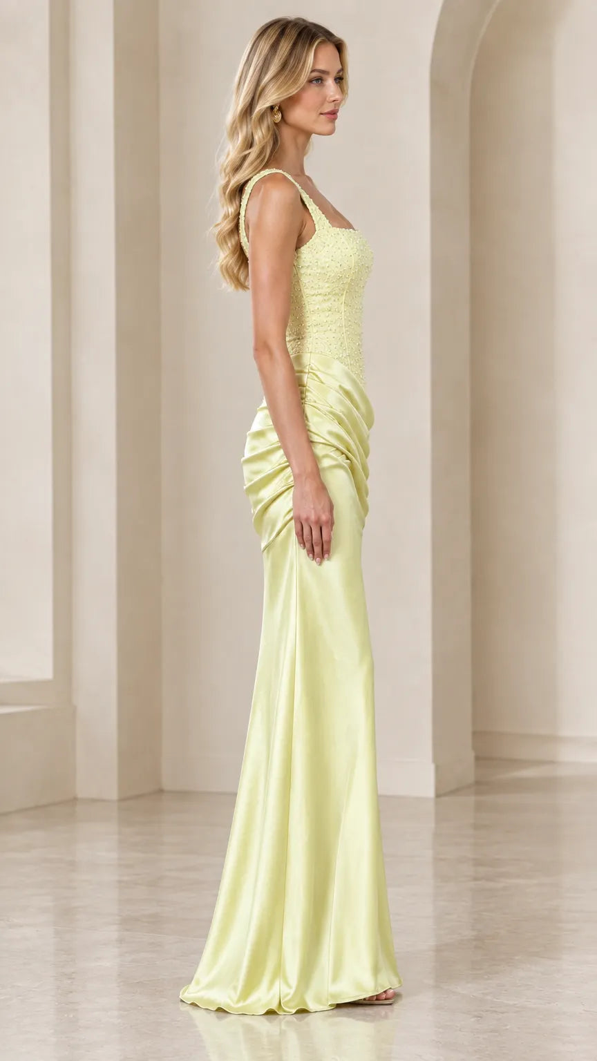 Square Neck Beaded Bodice Ruched Satin Evening Gown