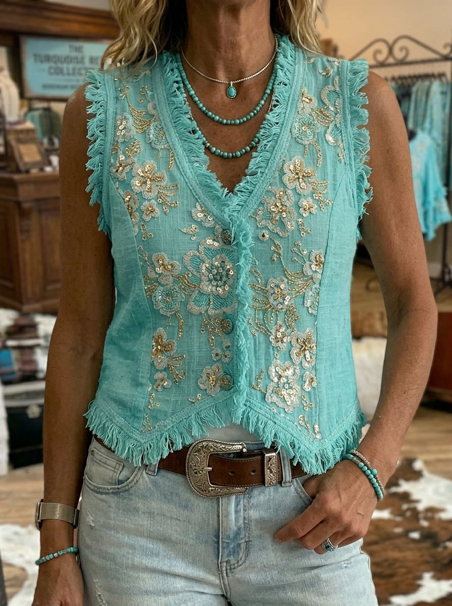 Women's Western Bohemian Floral Print Tassel Patchwork Casual Sleeveless Tank Top