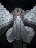 Stunning White Halter Beaded Sleeveless Mermaid Prom Dress With Train YK0758