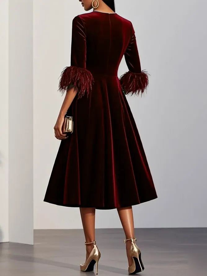 Wine Red Feather-trimmed Velvet Crew Neck Half Sleeve A-Line Midi Dress