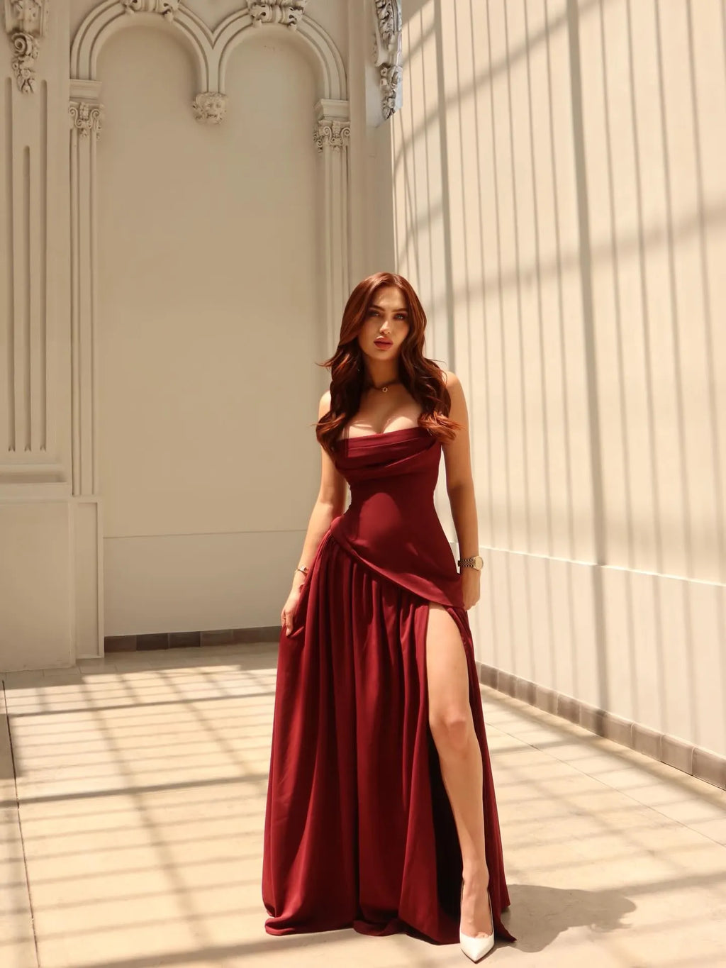 Cocoslly Spaghetti Straps Sleeveless High Waist Long Prom Dress With Split And Pleated | Burgundy Satin CO0161