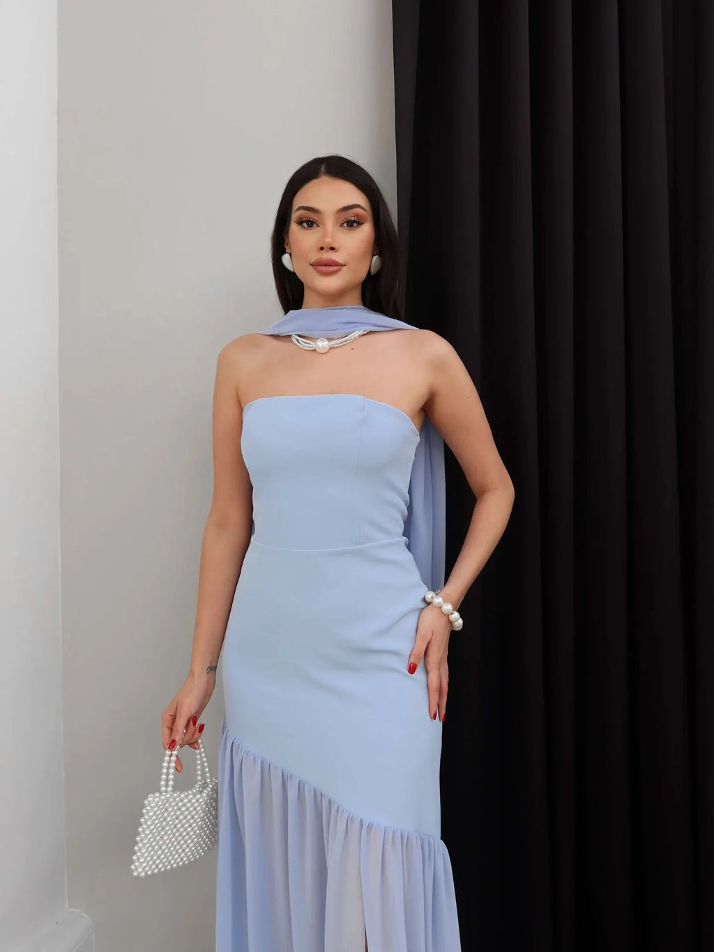 Cocoslly Strapless Sleeveless High Waist Long Prom Dress With Split And Scarf | Sky Blue Satin And Chiffon CO0100