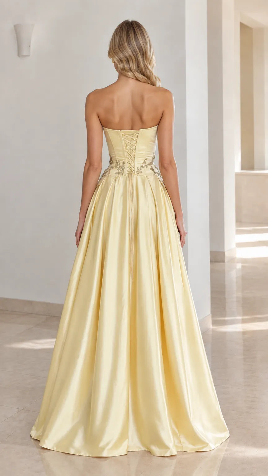 Strapless Beaded Embroidered Basque Waist Satin Formal Ball Gown
