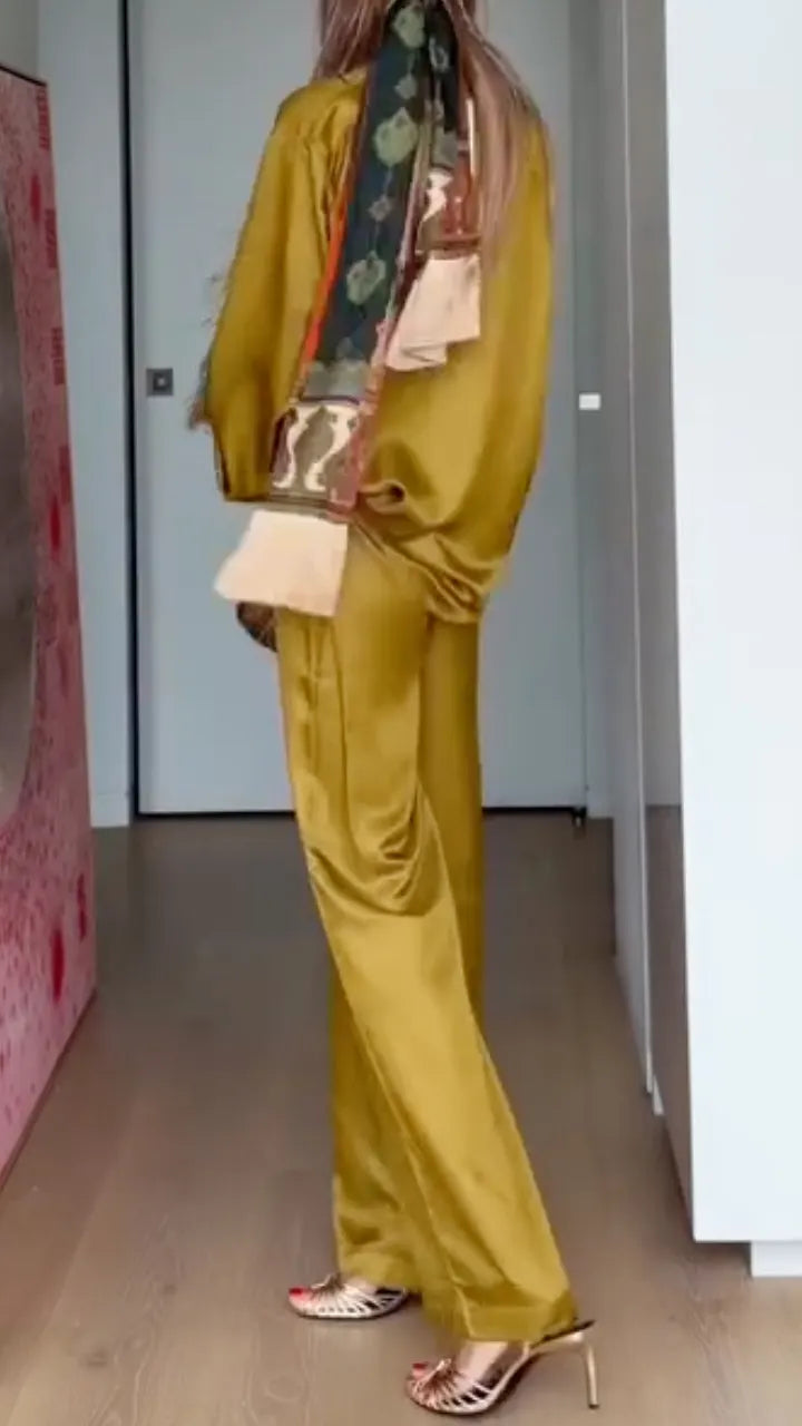 Gold Satin Feather Trim Two‑Piece Pant Set