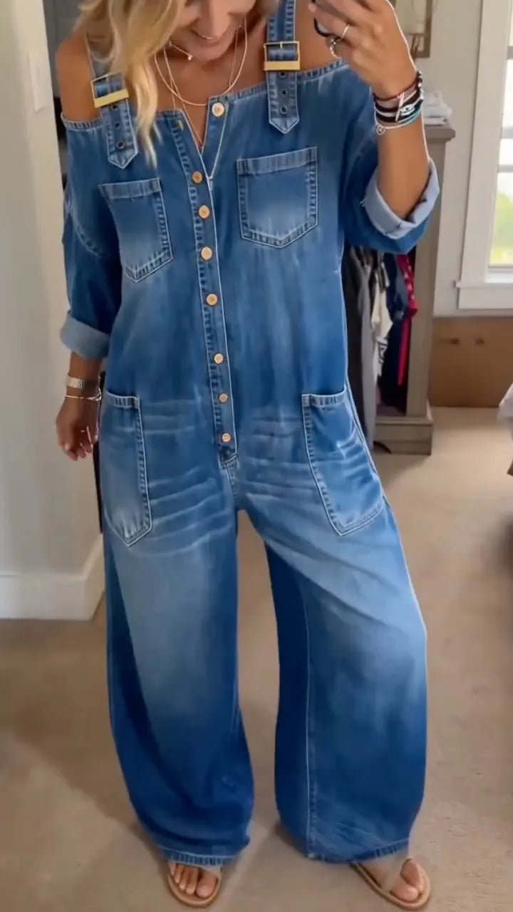 Blue Denim Off‑Shoulder Wide Leg Jumpsuit