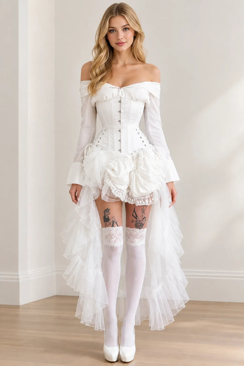 Women's Off-Shoulder Boned Corset High-Low Ruffle Dress