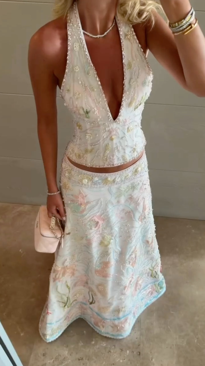 Beaded Floral Halter Two Piece Maxi Skirt Set