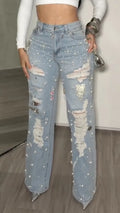 Wash Distressed Pearl Rhinestone Wide Leg Jeans
