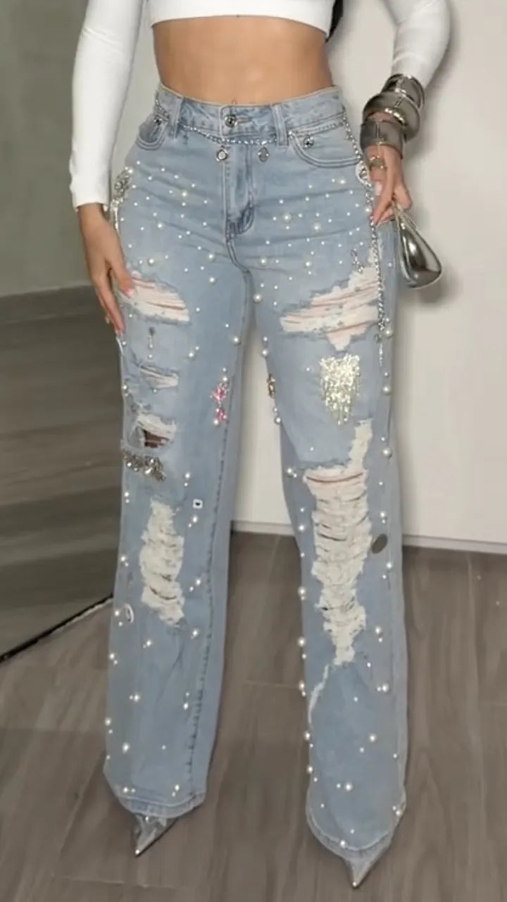 Wash Distressed Pearl Rhinestone Wide Leg Jeans