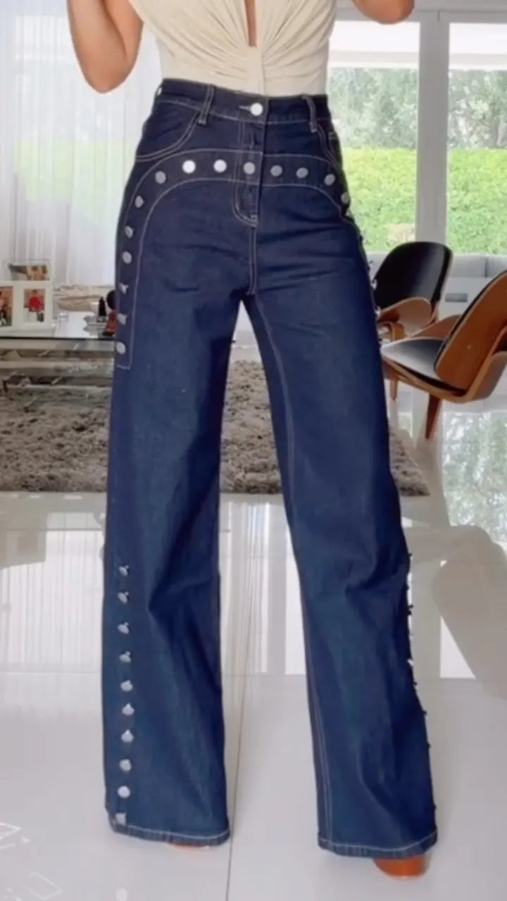 Metal Stud Decorated Dark Denim Wide Leg Jeans