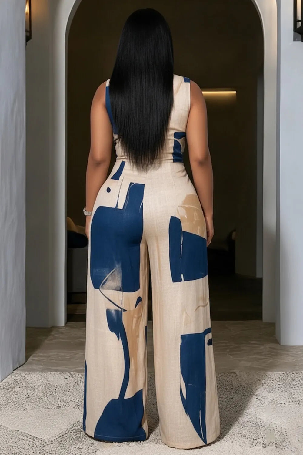 Abstract Print Round Neck Wide Leg Casual Jumpsuit-Apricot [Pre Order]