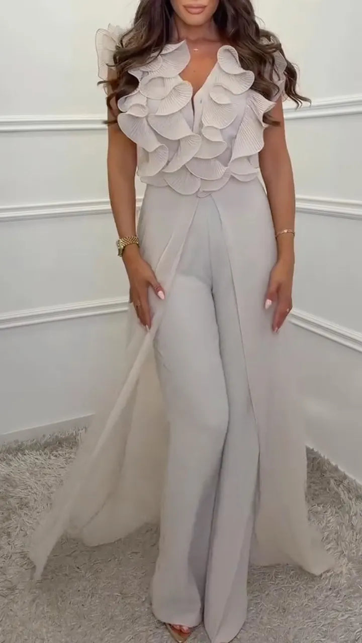 White Ruffle V Neck Jumpsuit With Overlay Skirt