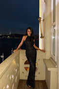 Cocoslly Halter Sleeveless High Waist Long Mermaid Prom Dress | Black Sequins CO0119