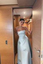 Cocoslly Strapless Sleeveless High Waist Long Prom Dress With Appliques | Mist Blue Satin WQ0251