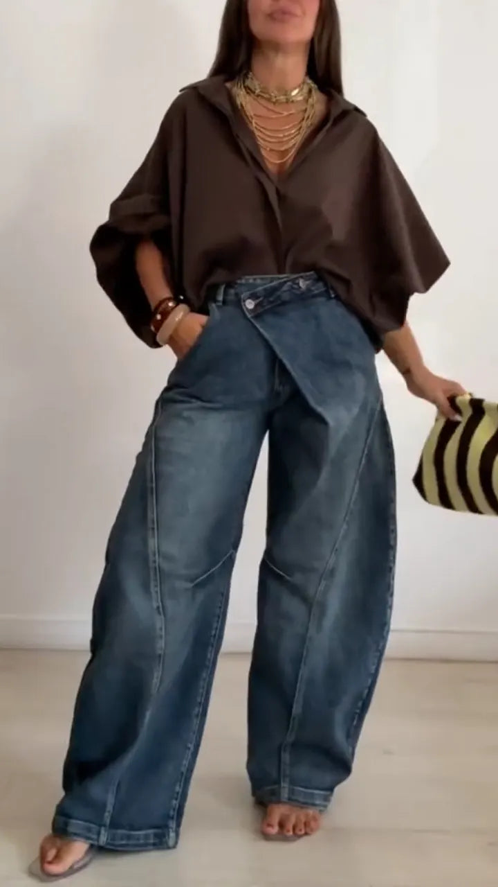 Asymmetrical Wrap Waist Baggy Wide‑Leg J+ Top Seteans