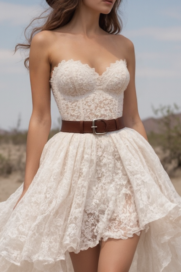 Bohemian Swing Lace Dress White Strapless Belted Maxi Dress
