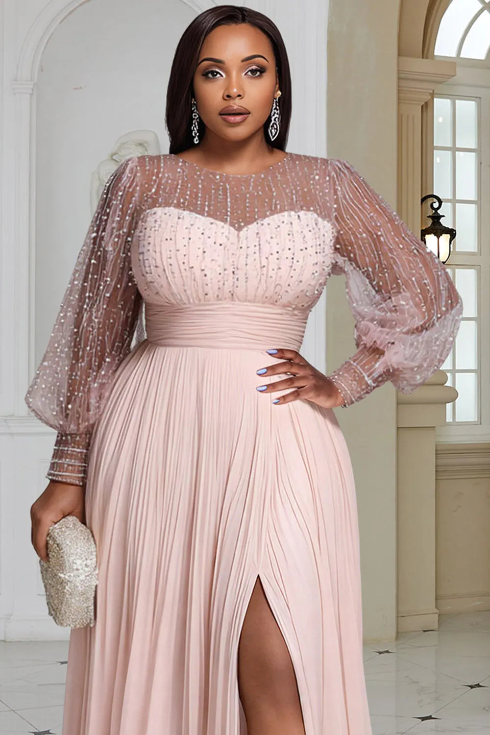 Formal  Round Neck Long Sleeve Split Elegant See Through Sequin Chiffon Maxi Dresses