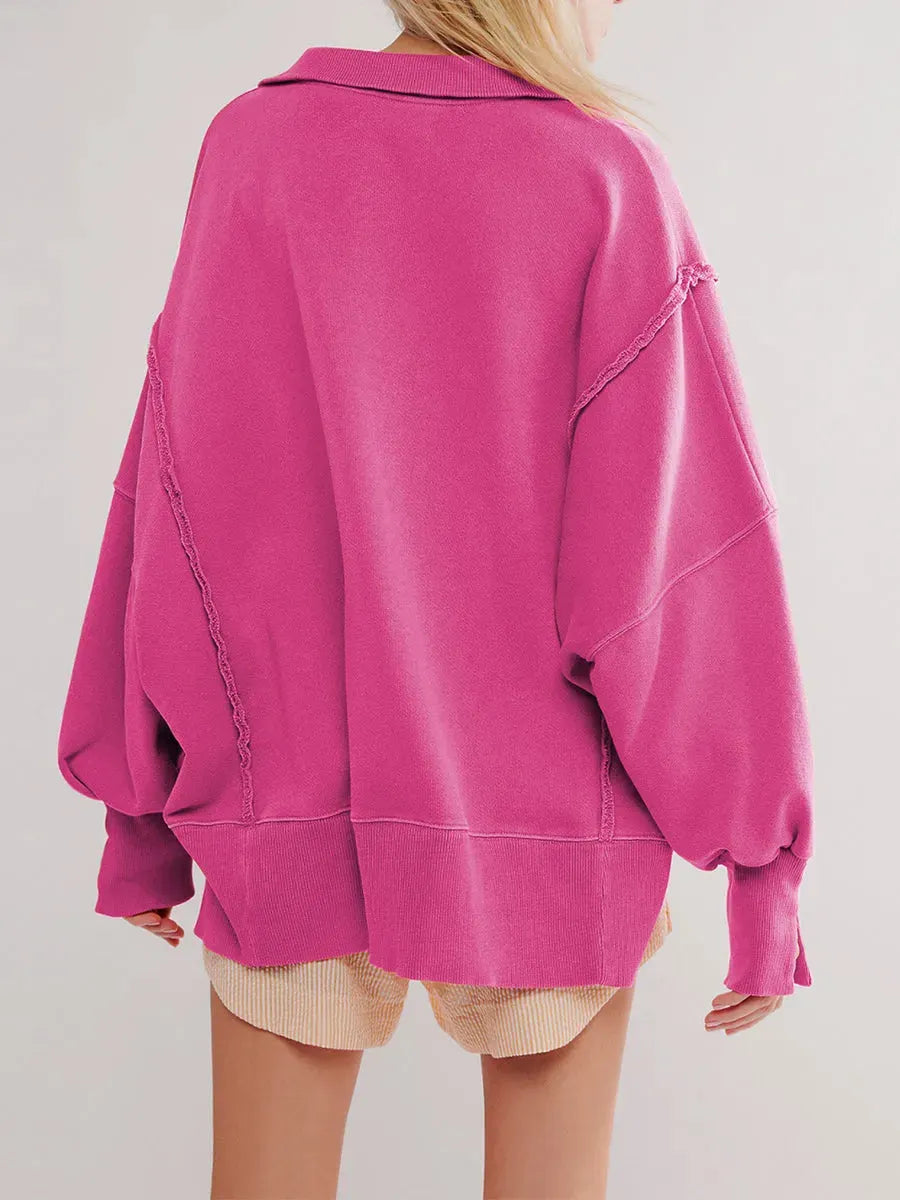 Casual Oversized Raw-edge Cotton Henley Sweatshirt