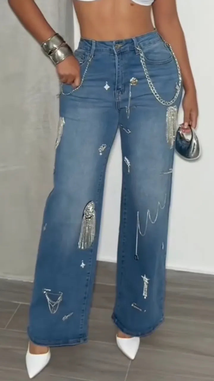 Rhinestone Applique Wide Leg Jeans