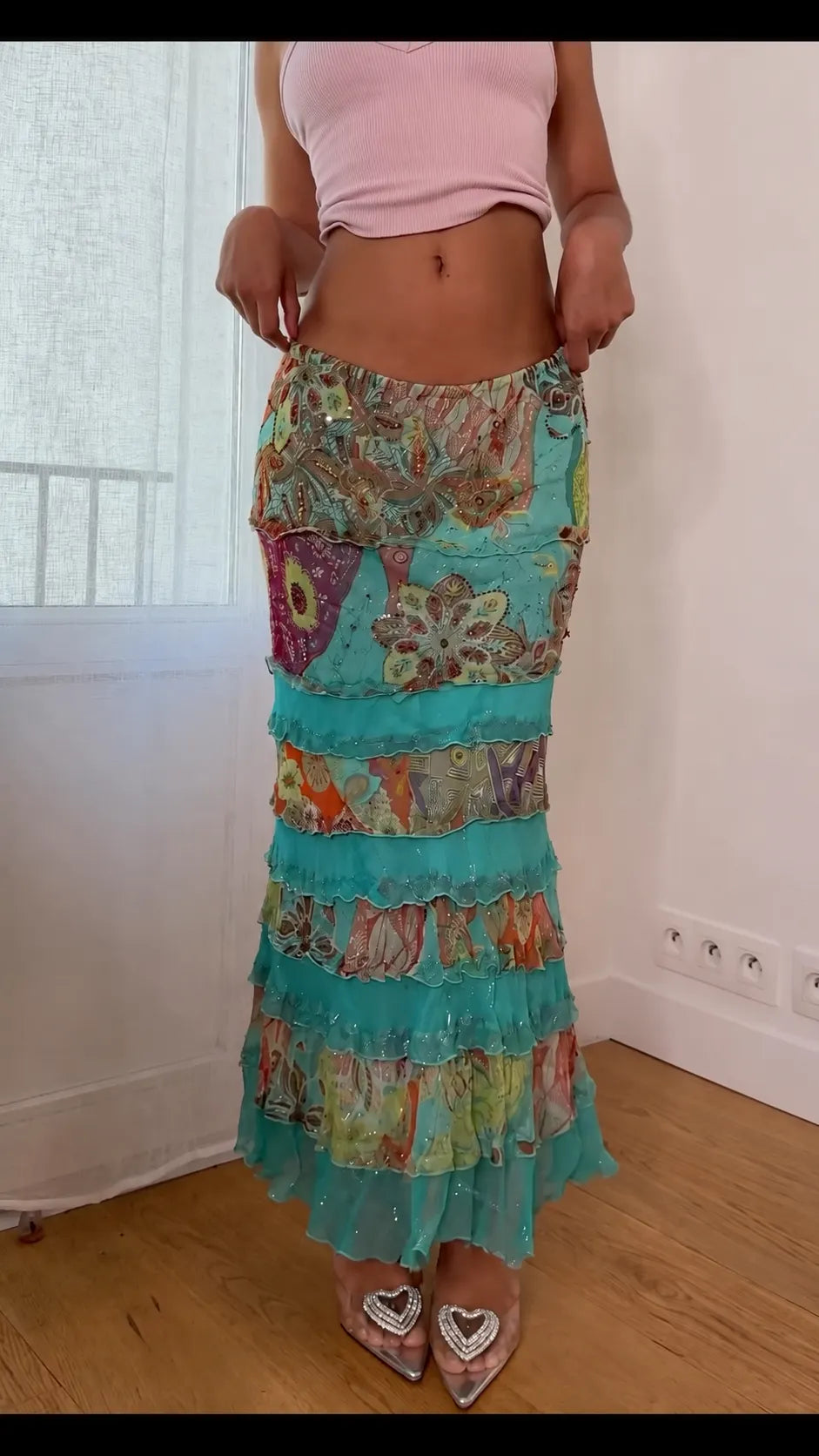 Vintage Floral Print Tiered Ruffle Maxi Skirt