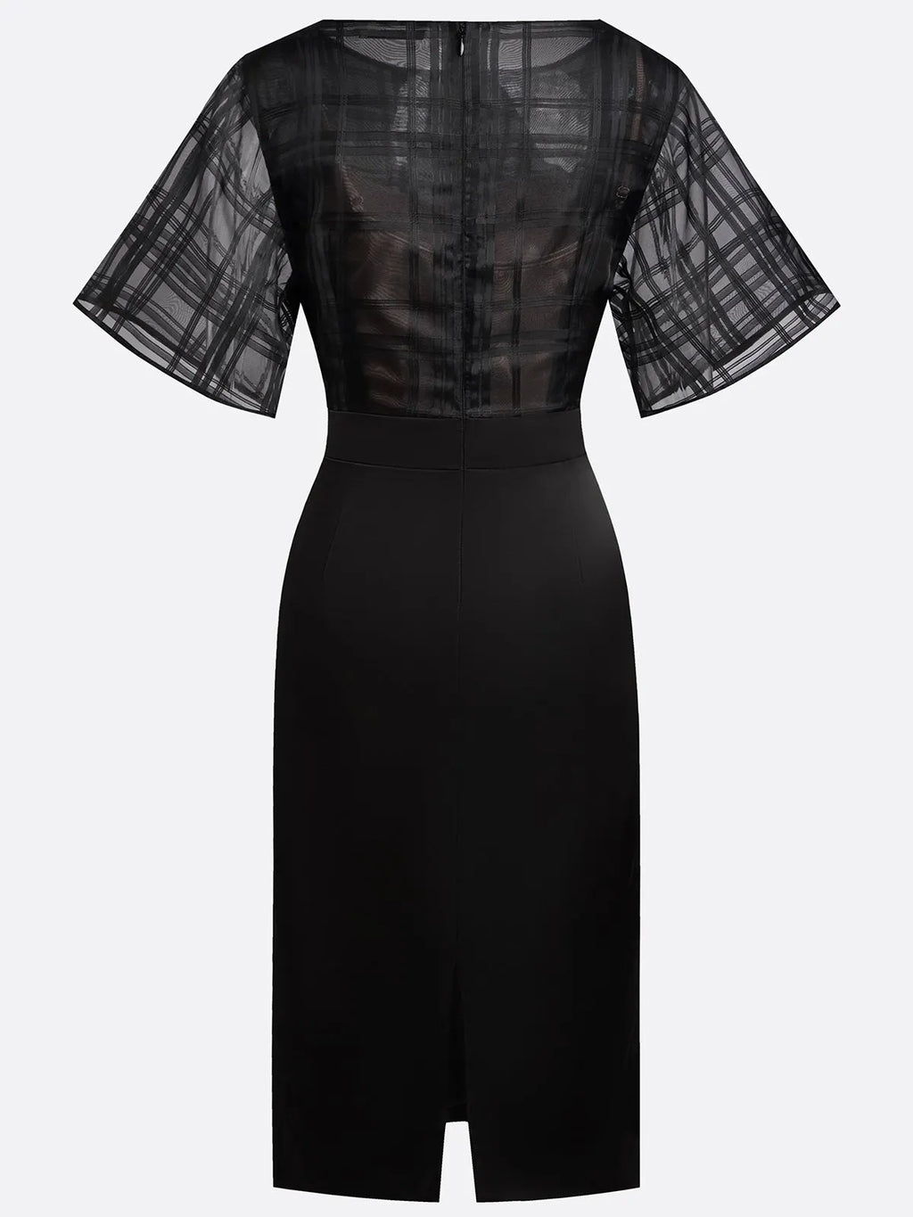 Black Organza Plaid Classic Boat Neck Half Sleeve Dolman Sleeve Sheath Midi Dress